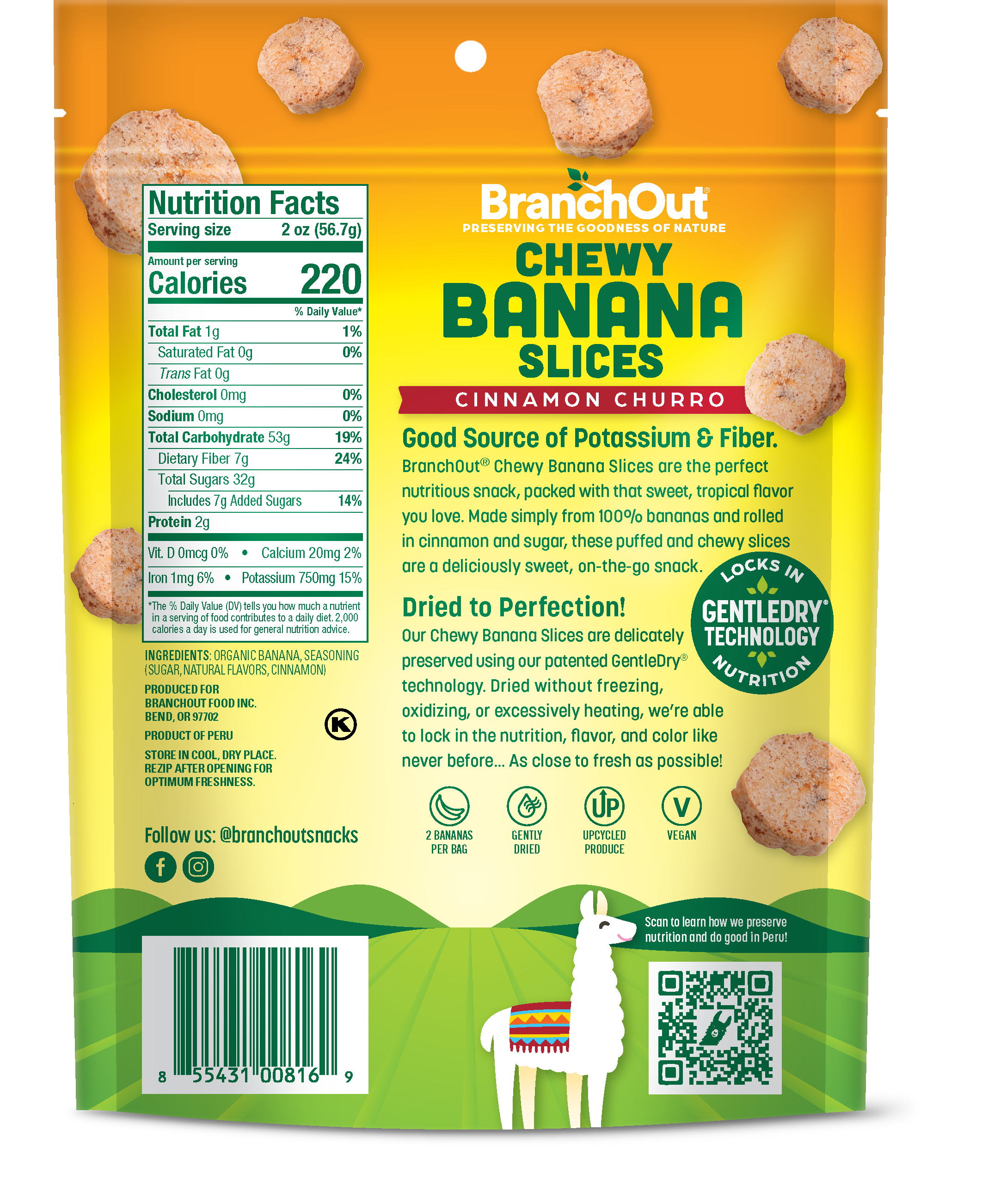 BranchOut Chewy Banana Slices Cinnamon Churro packaging with nutritional information and branding details.