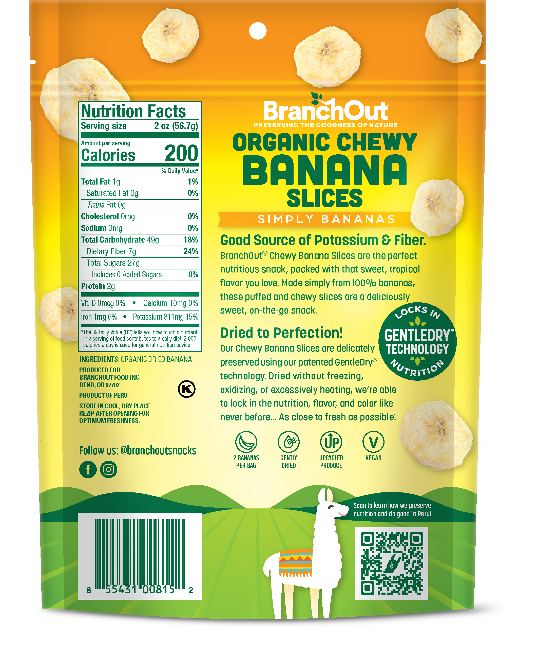 Packaging of BranchOut Organic Chewy Banana Slices with nutritional information and branding details.