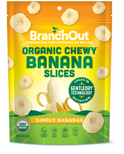 Packaging of BranchOut Organic Chewy Banana Slices with banana slices on the front.