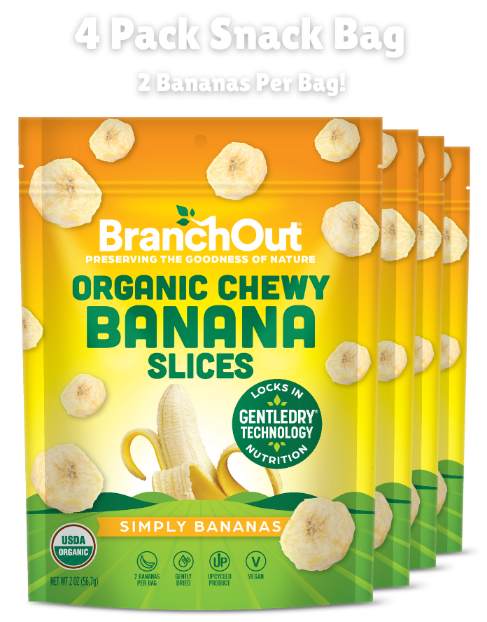 Packaging of BranchOut Organic Chewy Banana Slices with four packs shown.