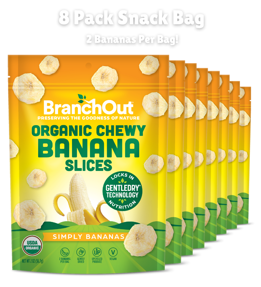 Multiple packages of BranchOut Organic Chewy Banana Slices on a white background