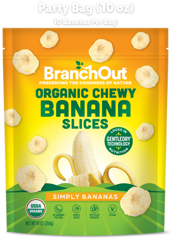 Packaging of BranchOut Organic Chewy Banana Slices on a white background